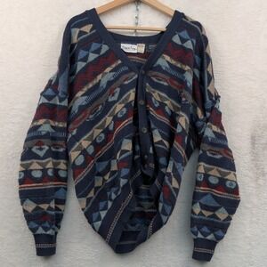 VTG Giorgio di Firenze Cardigan Men's L Navy Blue Geometric Tribal Knit 90s